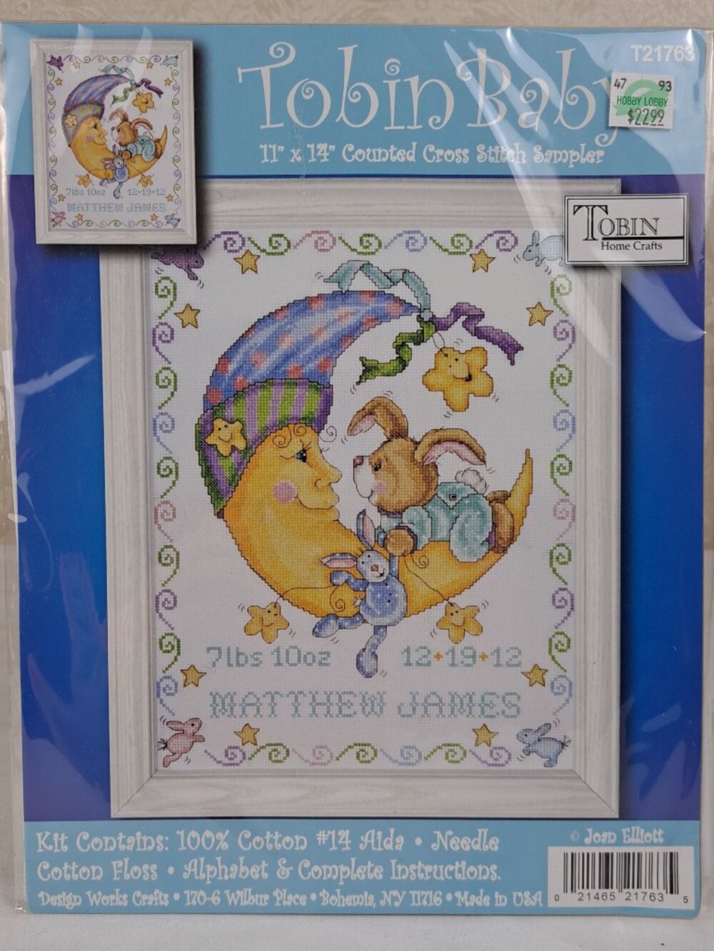 Tobin Baby #T21763 Counted Cross Stitch Sampler Kit Moon Bunny Birth Record NWT